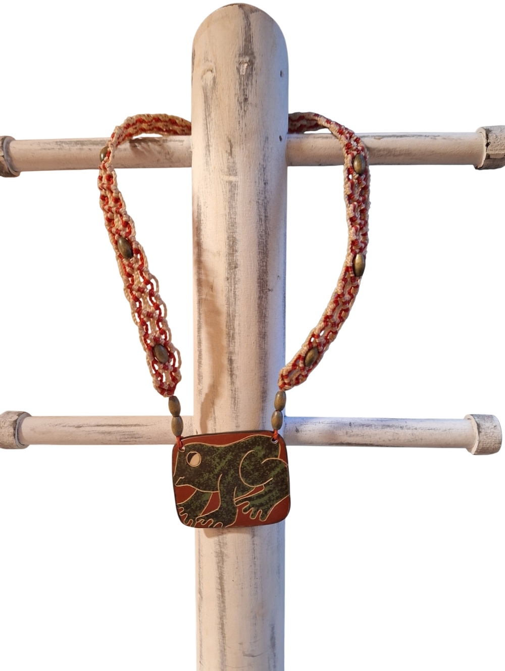 Handmade TREE Frog Pendant Necklace in Olive Green & Rust Choker Hippie Bohemian